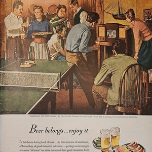 Vintage Beer Ad // Glenn Grohe // Baseball on Television // 1940s // Retro Decor