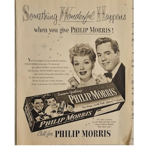 Lucille Ball/Desi Arnez Anuncio impreso vintage de Philip Morris Decoración retro de los años 50