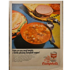 Anuncio impreso vintage de sopa Campbell, decoración retro de los años 60