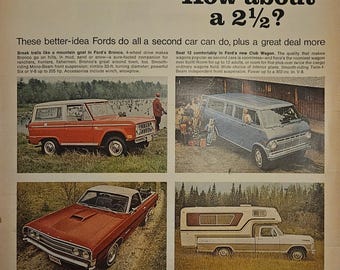 Vintage Ford Bronco Ranchero Club Wagon Camper Special Print Ad 1960s Retro Decor