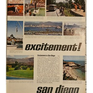 Anuncio impreso vintage de vacaciones en San Diego, decoración retro de los años 60