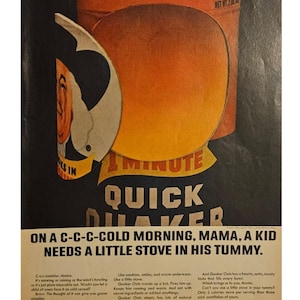 Anuncio impreso vintage de dos caras de Quaker Oats/Hudson Paper Products, decoración retro de los años 60