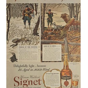 Anuncio vintage de whisky Hiram Walker's Signet, decoración retro de los años 40