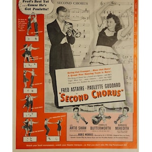 Anuncio impreso vintage de Paulette Goddard y Fred Astaire, decoración retro de los años 40