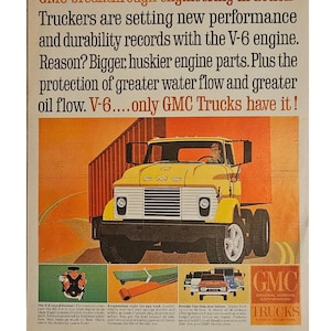 Anuncio impreso de camionetas GMC vintage, decoración retro de los años 60