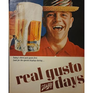 Anuncio impreso vintage de Schlitz Real Gusto, decoración retro de los años 60