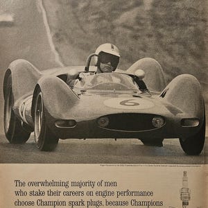 Anuncio impreso de bujías Champion vintage, decoración retro de los años 60