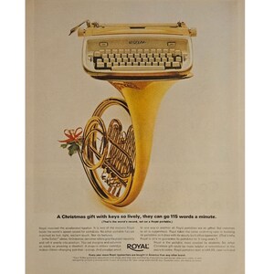 Anuncio impreso de máquina de escribir Royal vintage, decoración retro de los años 60