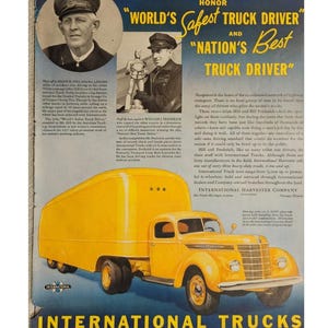 Anuncio impreso vintage de International Trucks, decoración retro de los años 30