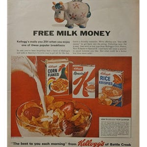 Anuncio impreso vintage de Corn Flakes de Kellogg's, decoración retro de los años 60