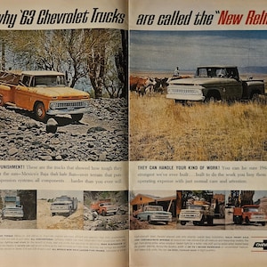 Anuncio impreso vintage de camionetas Chevrolet de 1963 con decoración retro