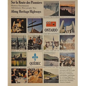 Anuncio vintage de turismo de Quebec y Ontario, decoración retro de los años 60