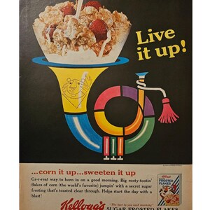 Anuncio impreso vintage de copos de azúcar glaseado de Kellogg's, decoración retro de los años 60