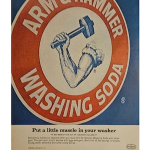 Anuncio vintage de carbonato de sodio Arm & Hammer, decoración retro de los años 60