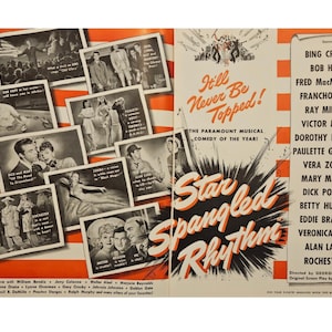 Anuncio impreso vintage de la película "Star-Spangled Rhythm" de Bob Hope y Bing Crosby, decoración retro de los años 40.