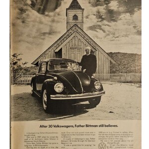 Anuncio vintage de Volkswagen Beetle con decoración retro de los años 60