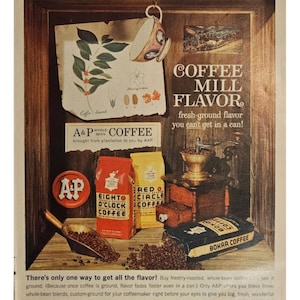 Anuncio impreso vintage de café A&P, decoración retro de los años 60