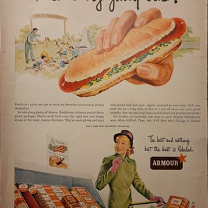 Anuncio vintage de dos caras: Ford and Armour Hot Dogs // Década de 1960 // Decoración retro