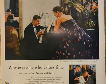 Anuncio de relojería suiza vintage // Década de 1950 // Decoración retro