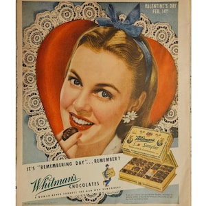 Anuncio impreso vintage de muestrarios de chocolate Whitman, decoración retro de los años 40