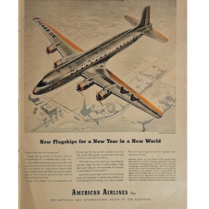 Anuncio impreso vintage de American Airlines, decoración retro de los años 40