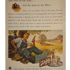 Anuncio impreso vintage de cerveza Schlitz, decoración retro de los años 40
