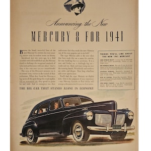 Anuncio impreso a doble cara de Mercury 8/Hudson Automobiles, decoración retro de los años 40.