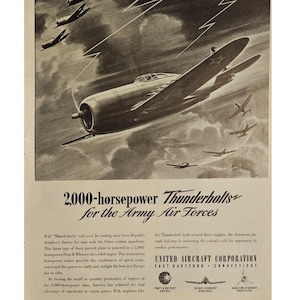 Anuncio impreso vintage de la guerra de aviones Thunderbolts, decoración retro de los años 40