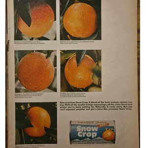 Anuncio impreso de jugo de naranja de Snow Crop, decoración retro