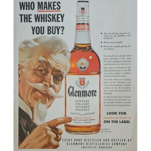 Anuncio impreso vintage de whisky bourbon Glenmore, decoración retro de los años 50