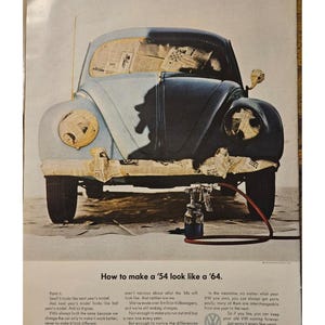 Anuncio impreso del Volkswagen Beetle vintage, decoración retro de los años 60