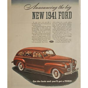 Anuncio impreso vintage de Ford de 1941, decoración retro de los años 40
