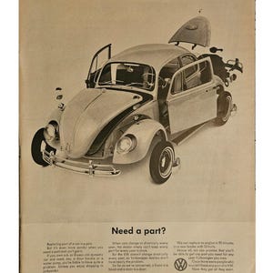Anuncio impreso vintage de Volkswagen Beetle con decoración retro de los años 60