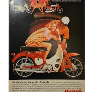 Anuncio impreso vintage de motocicleta Honda, decoración retro de los años 60