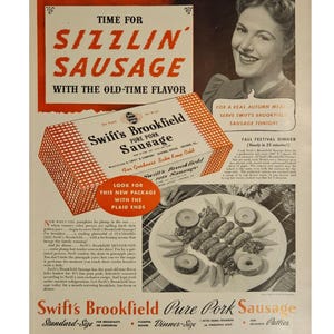 Anuncio impreso vintage de salchichas de Swift, decoración retro de los años 40