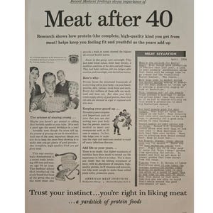 Anuncio impreso vintage de Meat After 40, decoración retro de los años 50
