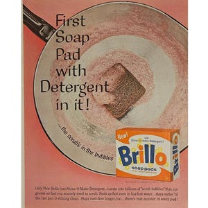 Anuncio vintage de impresión con almohadilla Brillo, decoración retro de los años 60
