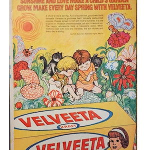 Anuncio impreso de queso Velveeta vintage, decoración retro de los años 60