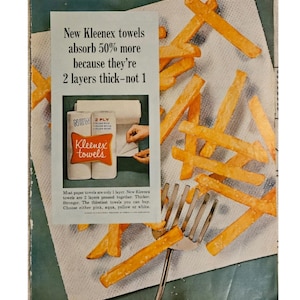 Toalhas de papel Kleenex vintage, anúncio impresso, decoração retrô dos anos 60