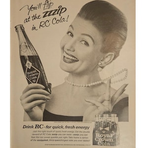 Anuncio impreso vintage de RC Cola, decoración retro de 1960
