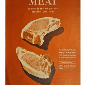 Anuncio impreso de carne vintage, decoración retro de los años 40