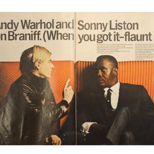 Anuncio impreso vintage de Braniff Airlines de Andy Warhol y Sonny Liston, decoración retro de los años 60