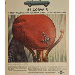 Anuncio impreso vintage del Chevy Corvair de 1966, decoración retro de los años 60