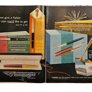 Anuncio impreso de bolígrafos Parker antiguos, decoración retro de los años 60