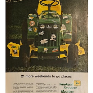 Anuncio impreso de tractores John Deere antiguos, decoración retro de los años 60