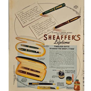 Anuncio vintage de la pluma estilográfica Sheaffer, decoración retro de los años 40