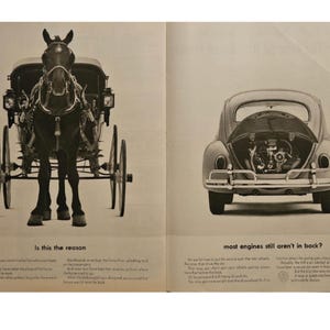 Anuncio impreso vintage de Volkswagen Beetle con decoración retro de los años 60