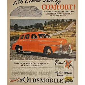 Anuncio impreso de Oldsmobile vintage, decoración retro de los años 40