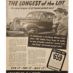 Anuncio impreso vintage de Chevrolet, decoración retro de los años 40
