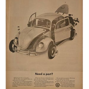 Anuncio impreso del Volkswagen Beetle vintage, decoración retro de los años 60